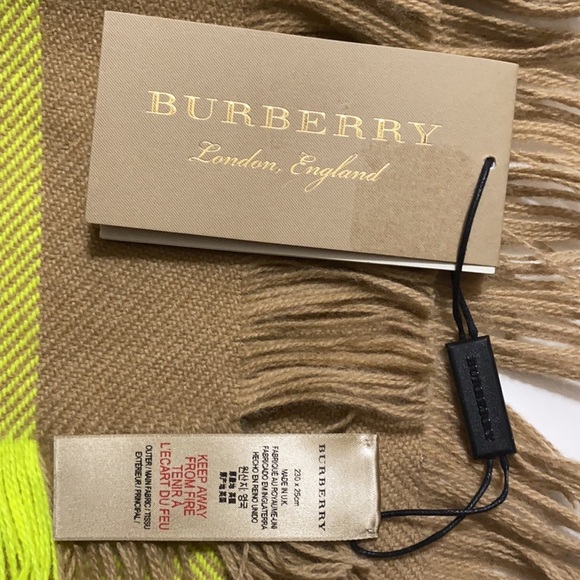 HP🎊 NWT Burberry tan and neon green wool scarf - Picture 6 of 10
